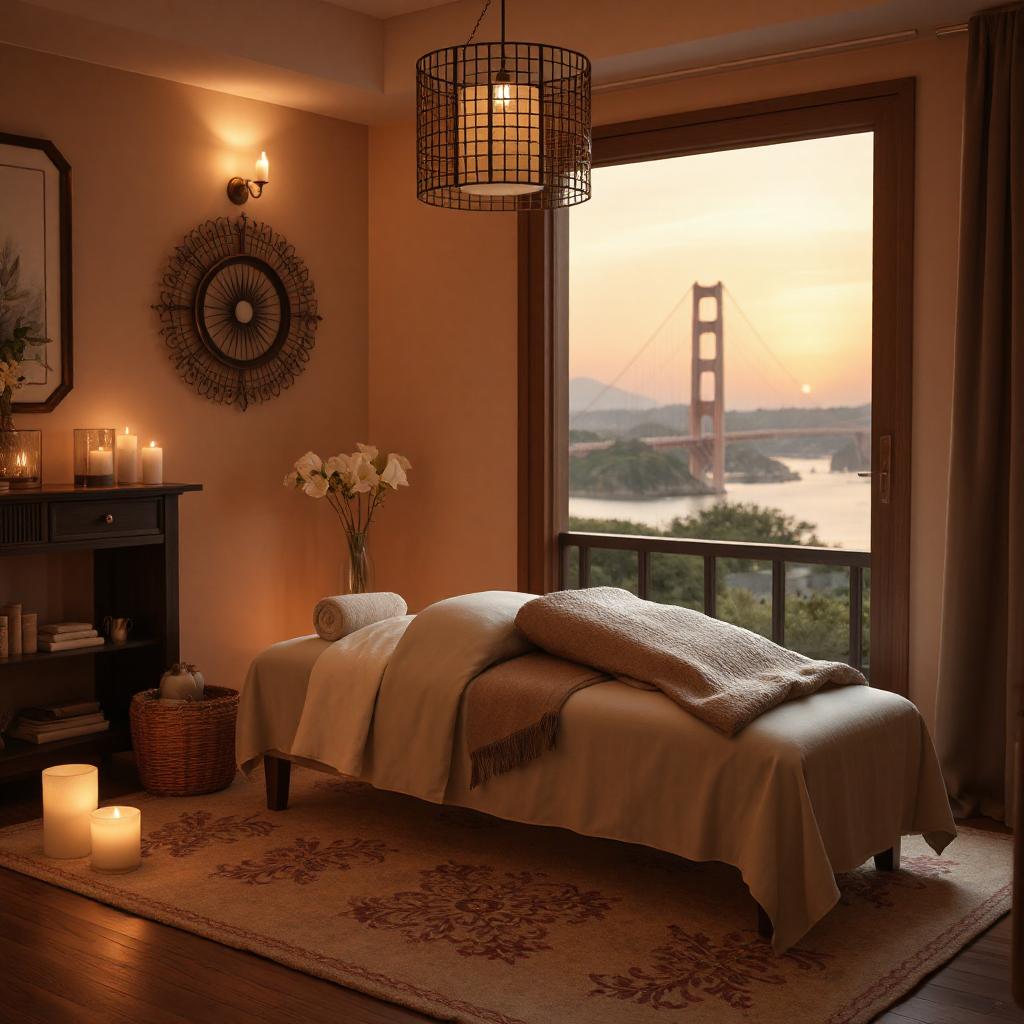 A candlelit tantra treatment room overlooking the Golden Gate Bridge at sunset
